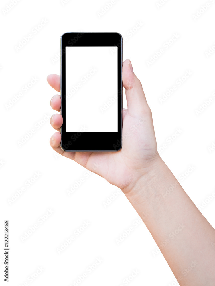 Hand holding smart phone isolated on white background