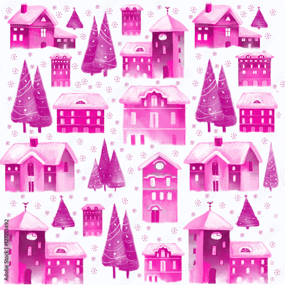 Christmas seamless pattern with houses and trees