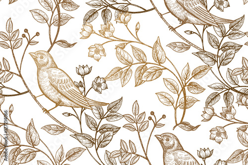 Seamless pattern with flowers and birds.