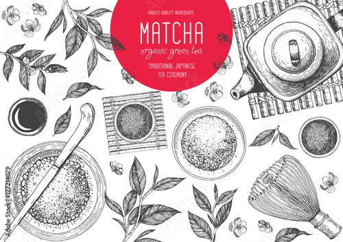 Vector illustration frame for Tea Shop. Japanese traditions of tea ceremony. Matcha tea. Vintage elements for design. Vector Illustration.