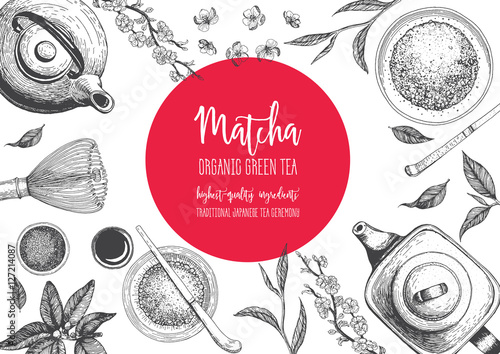 Vector illustration frame for Tea Shop. Japanese traditions of tea ceremony. Matcha tea. Vintage elements for design. Vector Illustration.