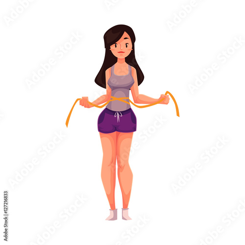 Slim young woman in good shape measuring herself with a tape, cartoon vector illustration isolated on white background. Young, slim girl measuring her waist, healthy lifestyle concept