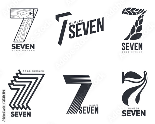 Set of black and white number seven logo templates, vector illustrations isolated on white background. Black and white graphic number seven logo templates - technical, organic, abstract photo