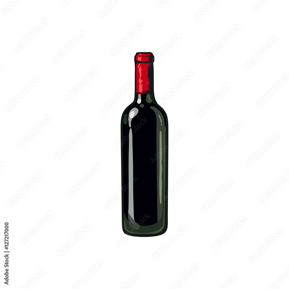 Red wine bottle, sketch style vector illustration isolated on white background. Realistic hand drawing of an unlabeled, unopened wine bottle Red wine bottle, sketch style vector illustration isolated on white background. Realistic hand drawing of an unlabeled, unopened wine bottle