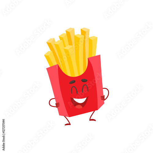 Funny french fries fast food kids menu character, cartoon style vector illustration isolated on white background. Funny laughing French fries character with eyes, legs, and a wide smile