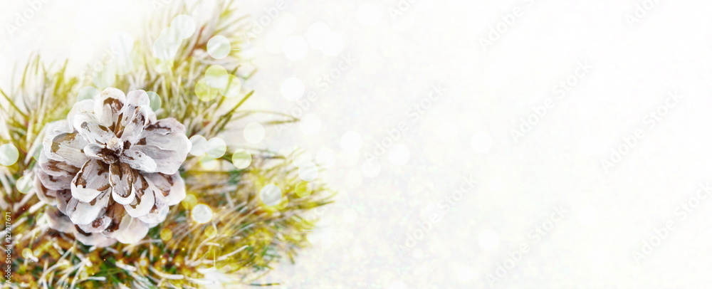 Pinecones and fir tree on sparkling background.
