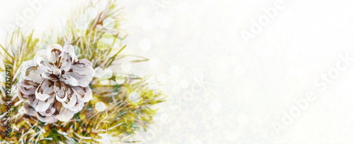 Pinecones and fir tree on sparkling background. © creativefamily
