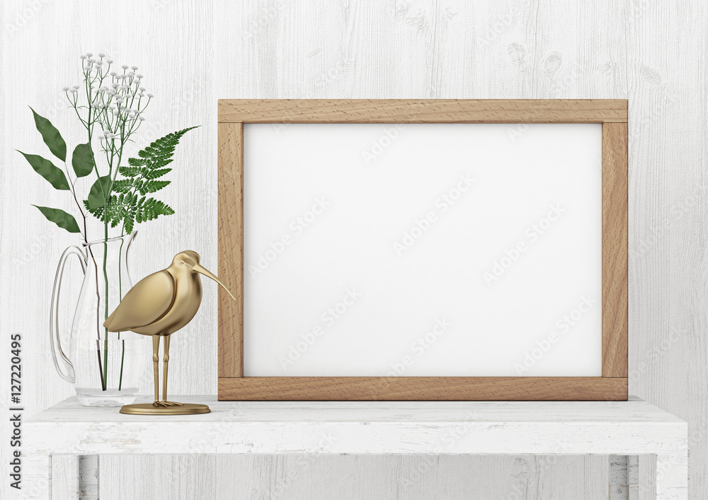 Horizontal interior poster mock-up with empty wooden frame and plants ...