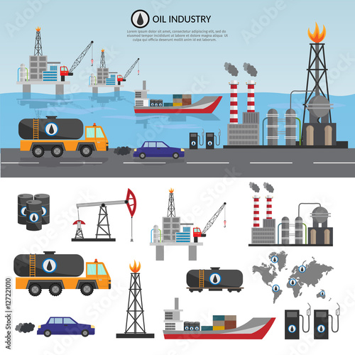 Vector Oil industry processing and transportation infographics set production elements.