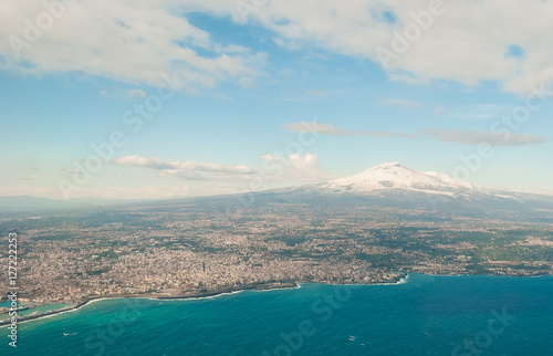 Aerial view of Catania and volcano Etna during the winter