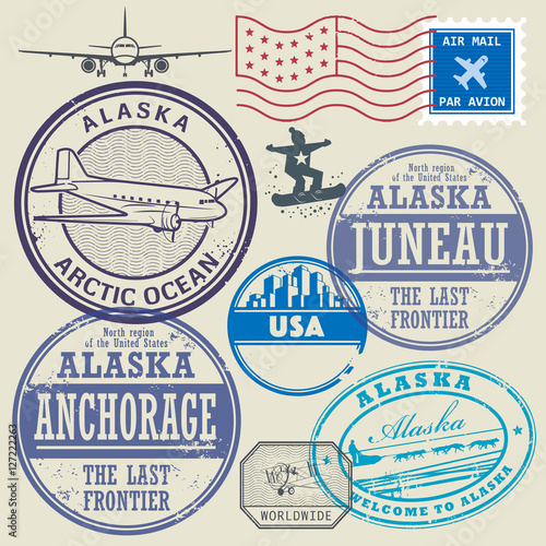 Grunge rubber stamp and signs set with name and map of Alaska