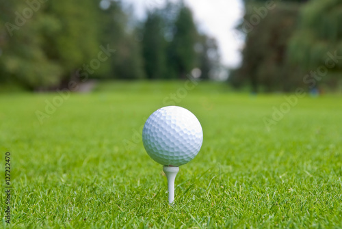 Golf ball on teeing area over a blurred green. Shallow depth of field. Focus on the ball.