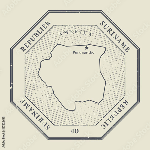 Stamp with the name and map of Suriname