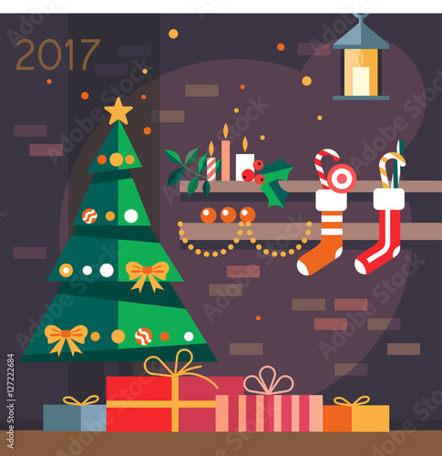 Christmas tree with gifts 2017 on  background.