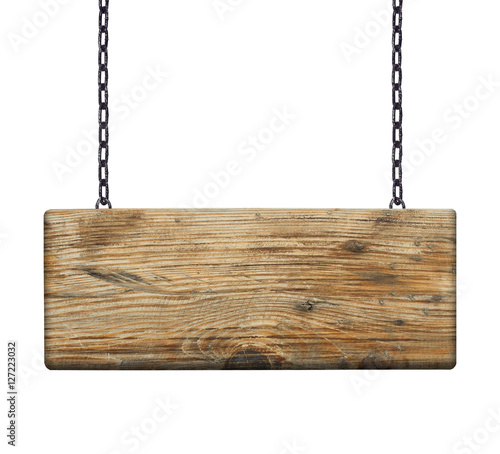 Fototapeta Naklejka Na Ścianę i Meble -  Wooden sign hanging on a chain isolated on white