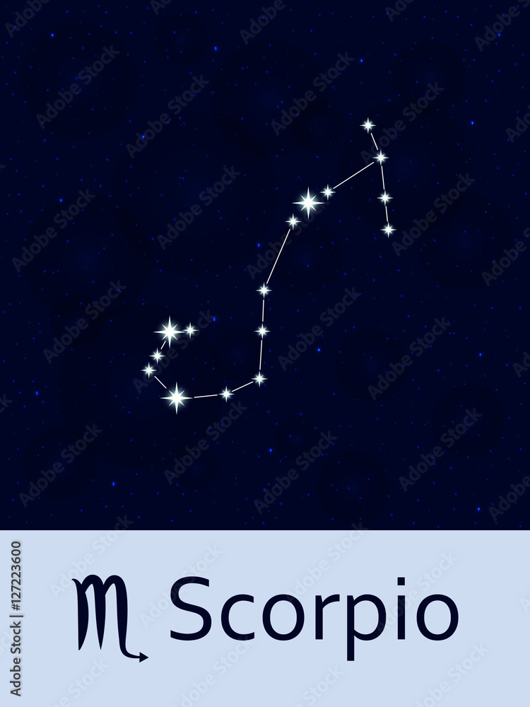 Zodiac sign Scorpio. Horoscope constellation star. Abstract space night sky background with stars and bokeh at the back. Vector illustration. Good for mobile applications, astrology, science template.
