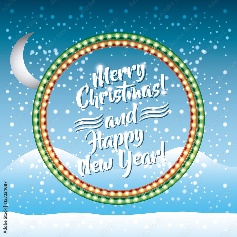 merry christmas and happy new year card with decoration icons over snow landscape background. colorful design. vector illustration