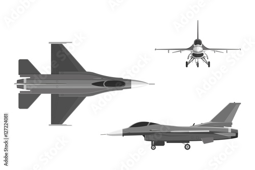 The image of military aircraft. Three views of airplane: top, side, front. Vector illustration