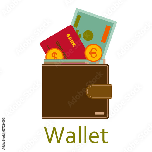 Men wallet with cash and coins. Shopping icons in flat style. Vector illustration.