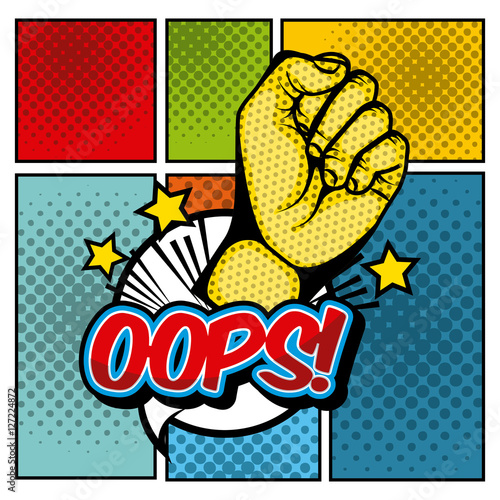 hand fist with oops word inside speech bubble over colorful pop art and comic background design. vector illustration