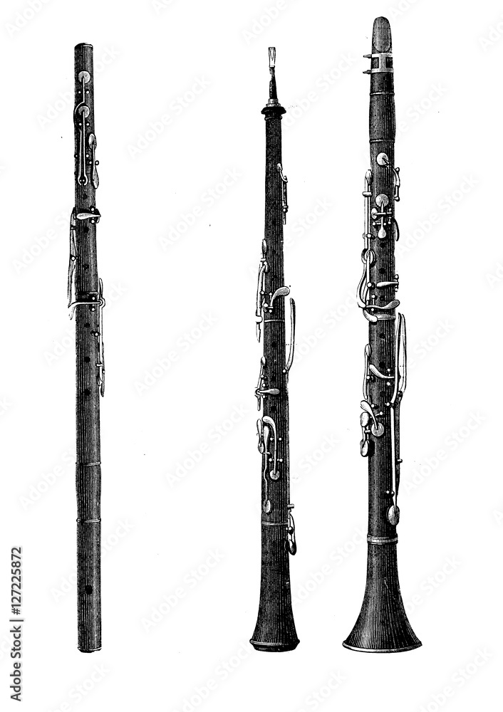 Musical wind instruments, oboe, and flute vintage engraving