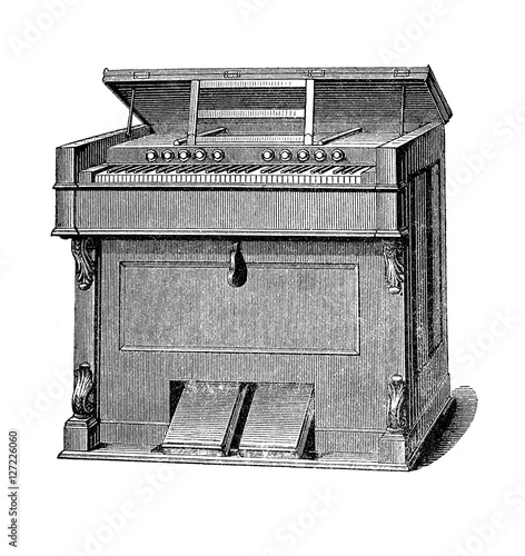 Musical instruments, harmonium vintage engraving photo