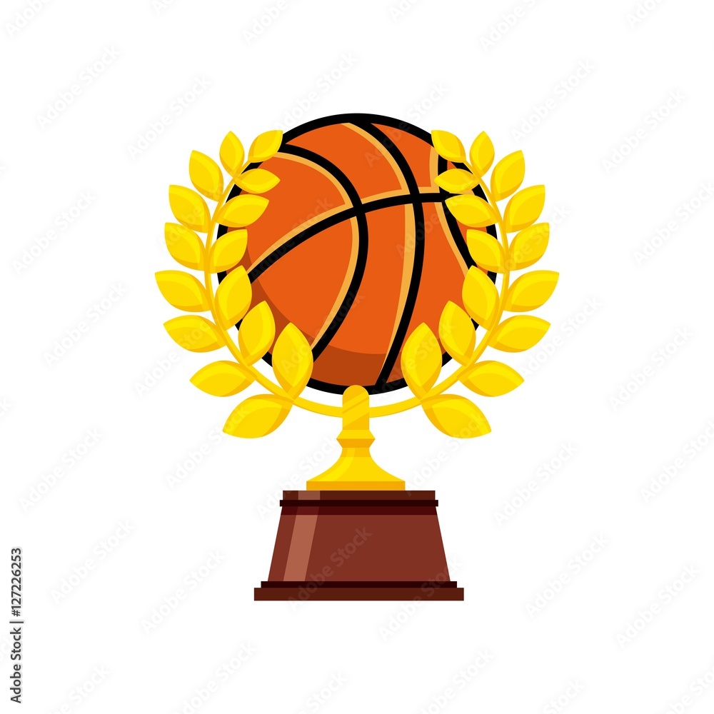 gold trophy in basketball ball shape with leaves wreath over white