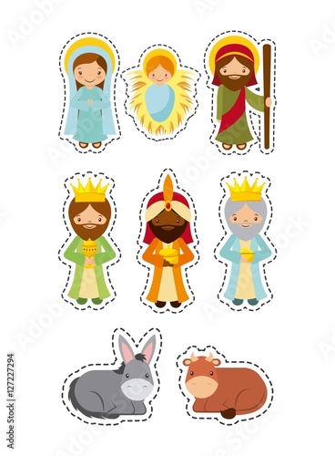 cartoon manger characters and animals over white background. colorful design