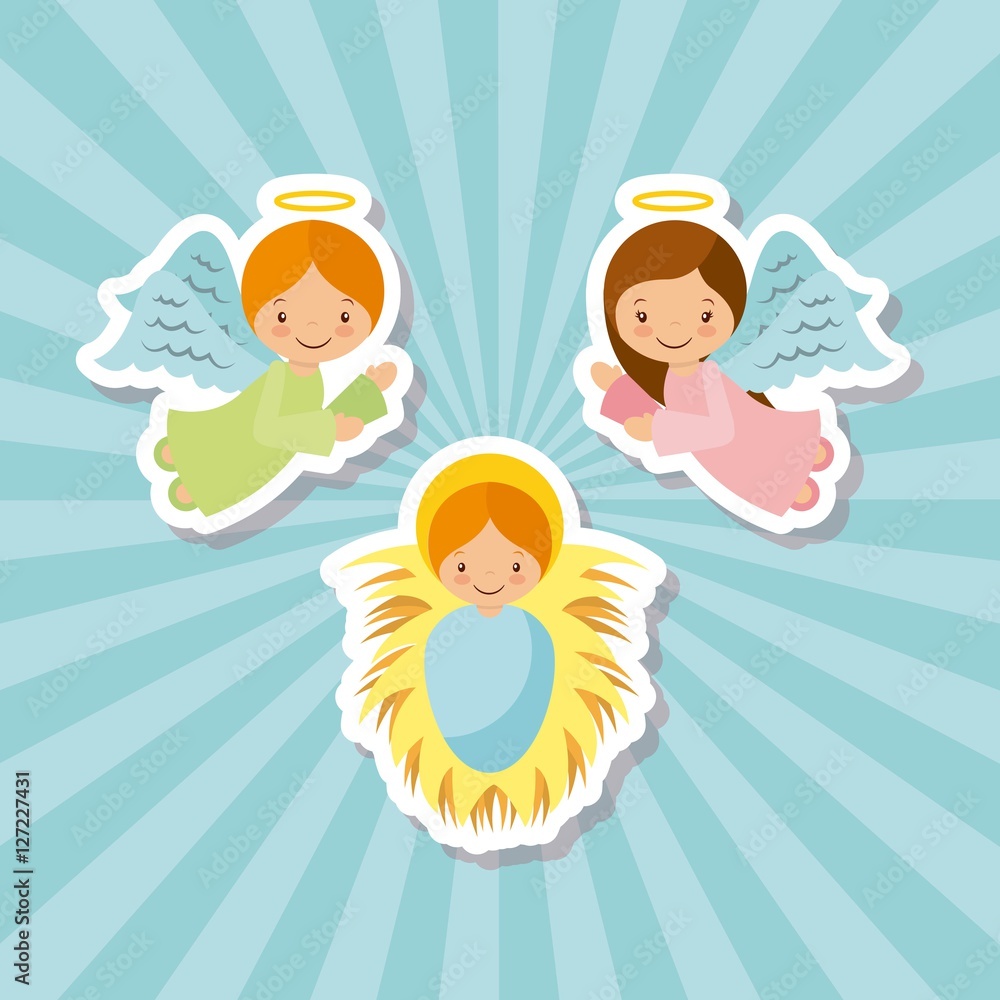 cartoon angels with baby jesus characters over blue background. vector illustration cartoon angels with baby jesus characters over blue background. vector illustration