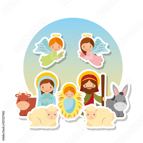 cartoon holy family with angels and animals over white background. colorful design. vector illustration