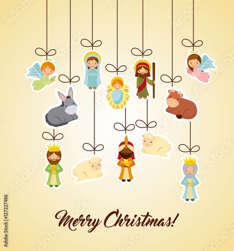 holy family and nativity characters hanging over yellow background. merry christmas colorful design. vector illustration