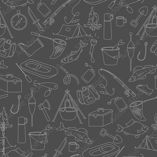 Seamless pattern on the theme of fishing, a simple hand-drawn contour icons on dark background