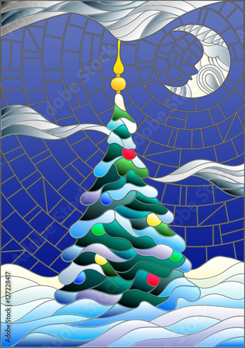 Illustration in the style of stained glass, decorated Christmas tree on the background of snow and night sky with the moon