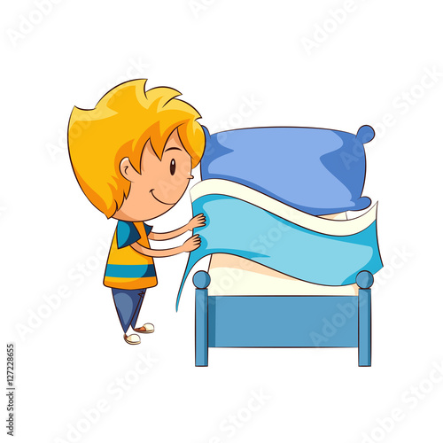 Kid making the bed