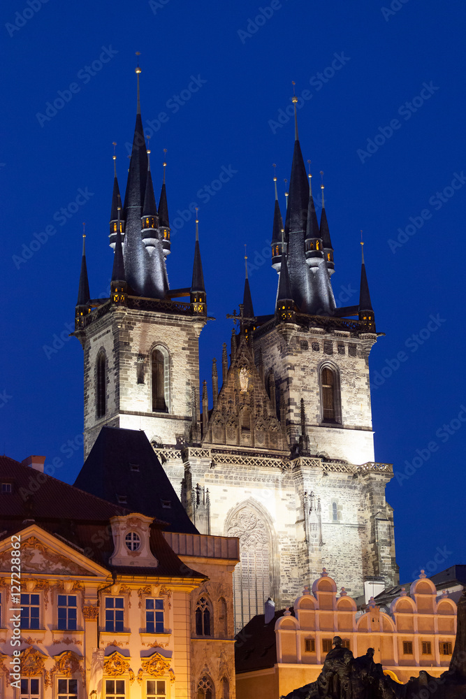 Kostel Panny Marie pred Tynem at night with illumination. Church of the Virgin Mary. Beautiful Old Town Square with the church in Romanesque - Gothic style.