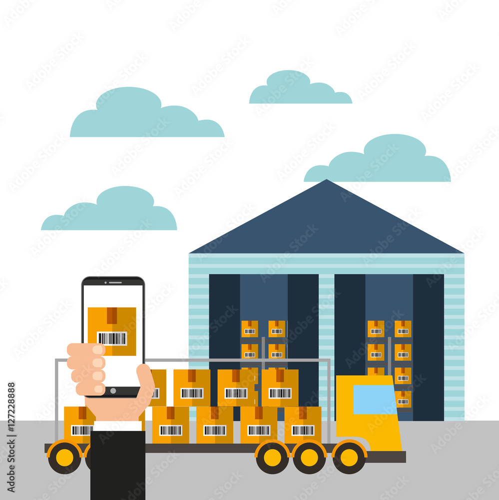 hand holding a smartphone and cargo truck and warehouse. colorful design. vector illustration