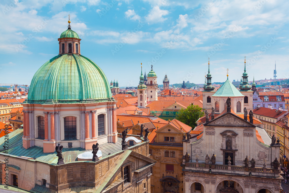 Panorama of the old part of Prague from the Old Town Bridge Tower. Old colorful Town architecture, Czech Republic.