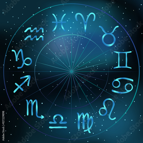 Vector illustration of zodiac circle on cosmic background with stars and nebula. Astrology horoscope signs.