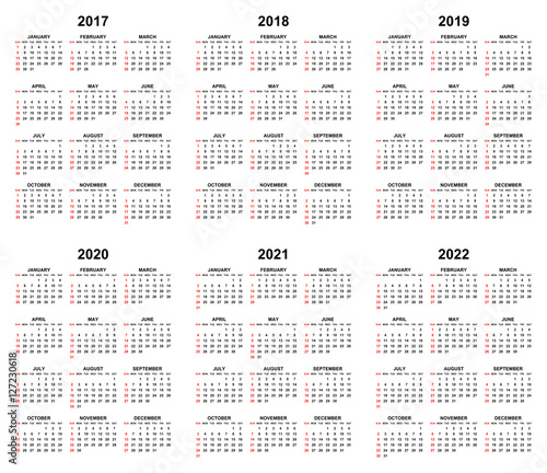 Simple editable vector calendars for year 2017 2018 2019 2020 2021 2022 sundays in red first