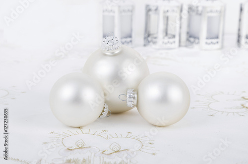 Christmas balls, traditional decorations for xtmas tree, white-r photo