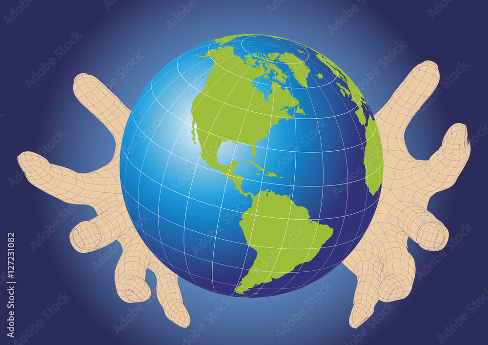 Two wireframe hands protecting earth planet