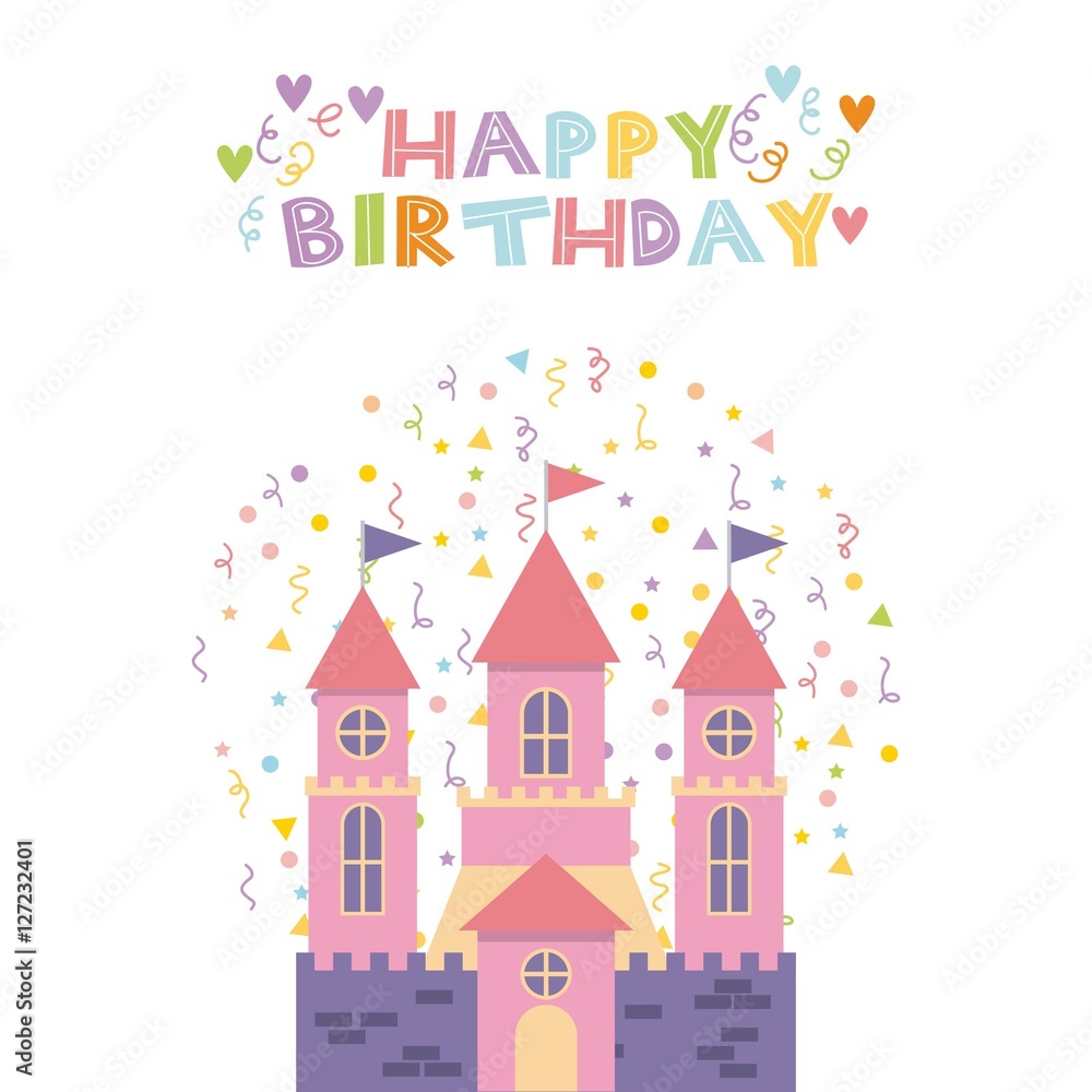 happy birthday card with cute pink castle icon over white background. colorful design. vector illustration