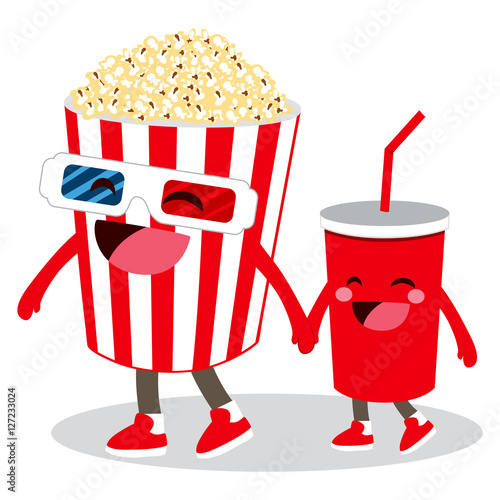 Two cute cinema pop corn and cola animated character friends holding hands