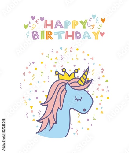 Photography happy birthday card with cute unicorn icon over white background