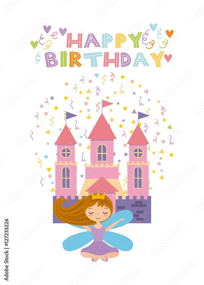 happy birthday card with cute fairy girl and pink castle icon over white background. colorful design. vector illustration