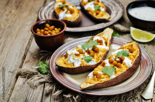 Roasted chickpeas stuffed sweet potato with Greek yogurt cilantr