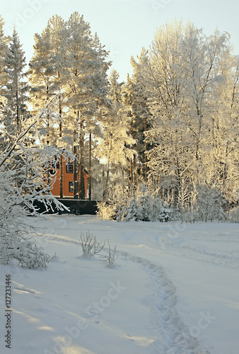 Beautiful winter rural landscape with a footpath to the house through the snow