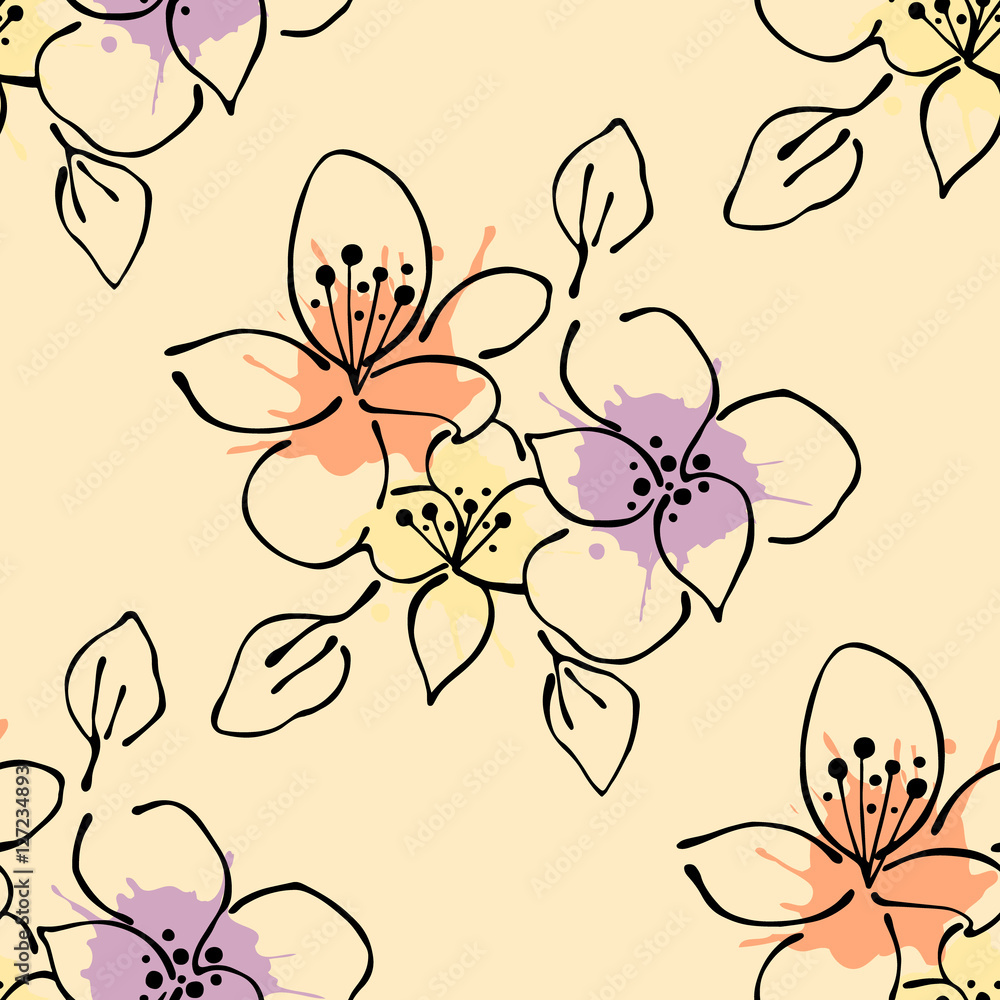 Fototapeta premium Seamless vector hand drawn seamless floral pattern. Yellow Background with flowers, leaves. Decorative graphic vector drawn illustration. Line drawing