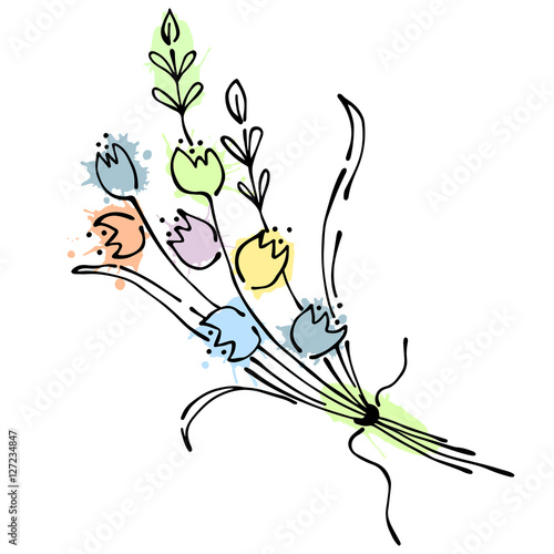 Vector floral illustration.Branch with flowers with leaves isolated on the white background. Hand drawn contour lines and strokes with watercolor splash, stain, spot. Graphic vector illustration