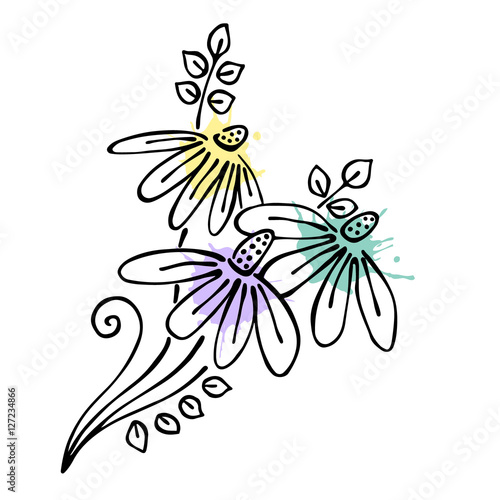 Vector floral illustration.Branch with flowers with leaves isolated on the white background. Hand drawn contour lines and strokes with watercolor splash, stain, spot. Graphic vector illustration